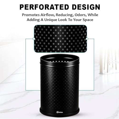 Image of mofna Stainless Steel Perforated Dustbin for Home, Trash Can with Anti-skid Base, Garbage Bin for Bathroom, Office, Bedroom, Kitchen & Toilet or Commercial Use- (7x10 In -6 Liter, Black), Pack of 1