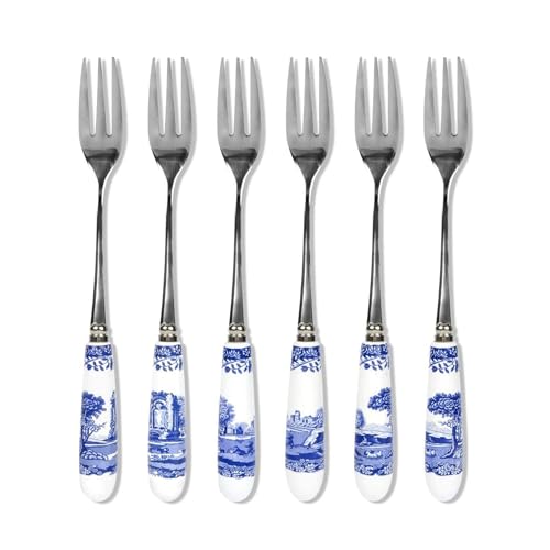 Spode Blue Italian Pastry Forks - Set of 6 Stainless Steel Dessert Forks with Porcelain Handles, Featuring Countryside Scene - Gift Box Included for Dining & Hosting, For Appetizer & Dessert