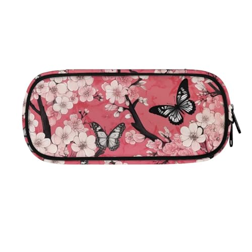 Image of Black Gray Butterflies Peach Blossom Pen Case Pouch, Large Capacity Pencil Pouch Pen Cases School Office Supplies Holder Box for Purse Fountain Pens