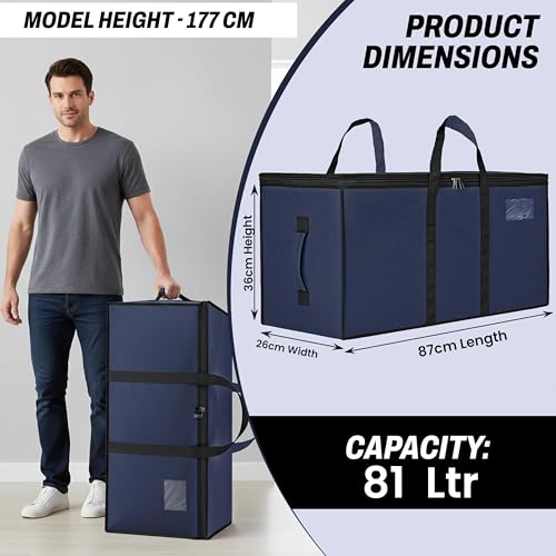 Image of Storite 2 Pack Multi-Purpose Heavy Duty Moisture Proof 81 Litres Canvas Super-Size Jumbo Underbed Storage Bag /Toys /Blankets /Stationery Paper /Clothes Storage Bag (87x26x36 cm) (Navy Blue)