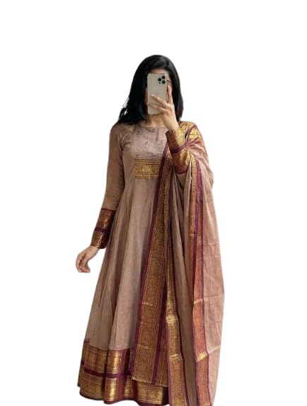 Image of Women's Pattu Cotton Anarkali Kurta with Dupatta | Handwork Embroidery | Jacquard Zari Border | Ethnic Kurti Set for Women