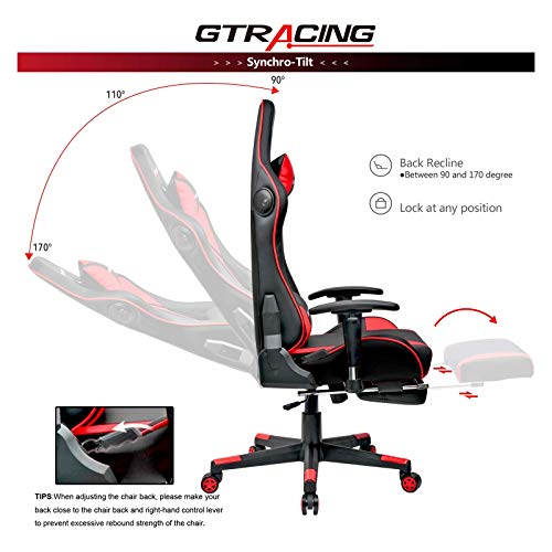 GTRACING Gaming Chair with Footrest and Bluetooth Speakers Music Video Game Chair【Patented Design】 Heavy Duty Ergonomic Computer Office Desk Chair Red