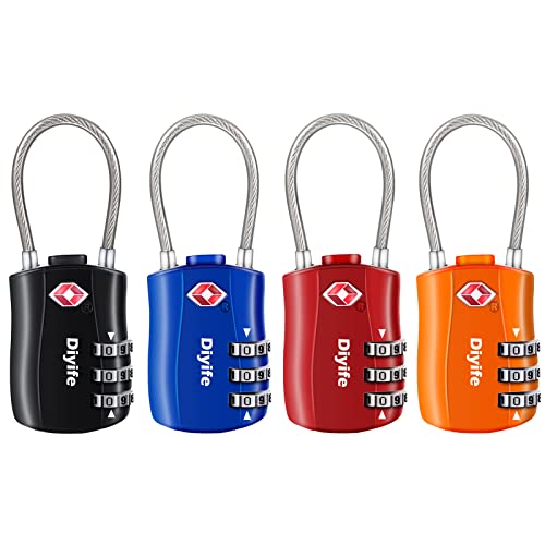 Diyife Serrures à Bagages TSA 4 Pack, Cadenas de sécurité à 3 Chiffres, Noir Bleu Rouge Orange