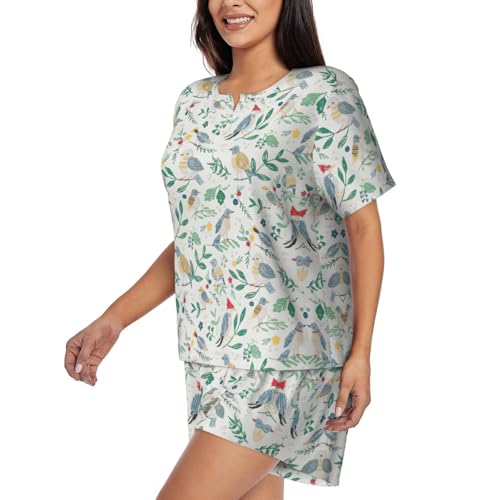 Pijama de 2 piezas de manga corta con estampado de pájaros y flores ropa de dormir de mujer 2