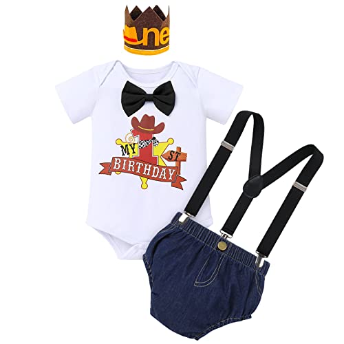 IBTOM CASTLE My First Rodeo Outfit Boys Cowboy Romper Shorts Bow Tie Suspenders Crown Cake Smash One Party Clothes Set