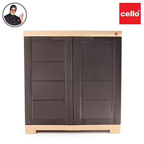 Image of Cello Novelty 2 Door Cupboard with 3 Shelves (Orange&Brown) & Novelty Compact Plastic 2 Door Cupboard with Shelf(Brown&Beige) & Novelty Plastic 2 Door Big Cupboard with 3 Shelves (Red&Yellow)