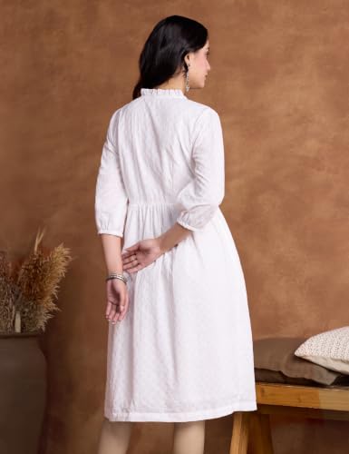 Image of Amazon Brand - Myx Women's Schiffli Embroidery Ethnic Dress | Fit and Flare | Knee Length (Available in Plus Sizes)