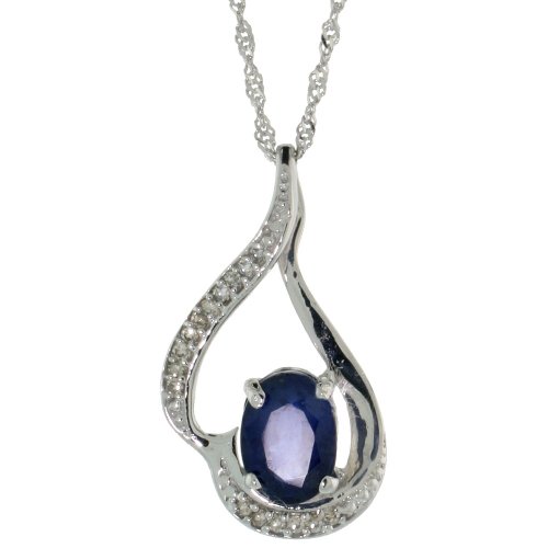 14K White Gold Genuine Blue Sapphire Earrings Necklace Set For Women 7X5Mm Oval Cut 0.20 Ct Diamond Accent 18 Inch Chain #TOP2