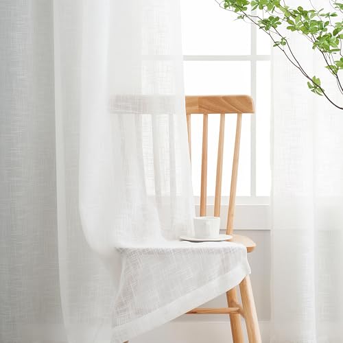 Treatmentex Cortinas Salon Translúcidas, Visillos Salon y Cortinas Dormitorio 2 Piezas 136x260cm, Textura Lino Blanco Transparente con Ojales para Habitación​