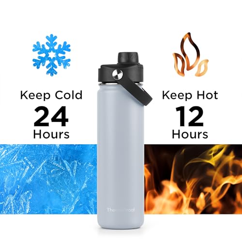 Image of ThermoProof Double-Walled Vacuum Insulated Stainless Steel Water Bottle - Wide Mouth with Chug & Spout Lids, Dishwasher Safe, Reusable, Leakproof, Hot & Cold for Men, Women & Kids - 22oz, Light Gray