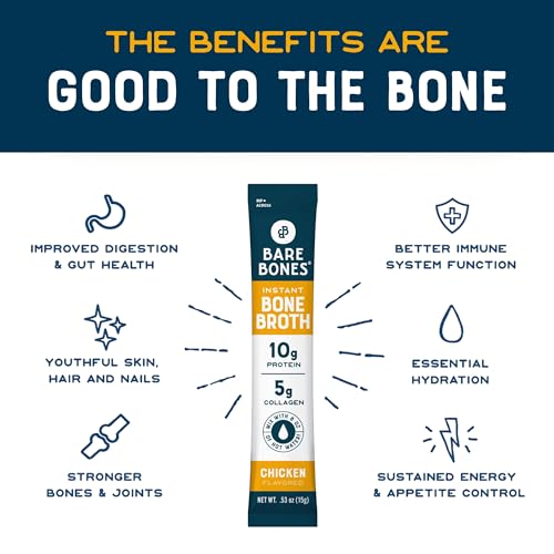 Bare Bones Chicken Bone Broth Instant Powdered Mix Packets | 5g Collagen | 10g Protein | Keto & Paleo Friendly | No Artificial Flavors | Non-GMO, Gluten-Free, Dairy-Free Rich Savory on-the-go 16 Pack