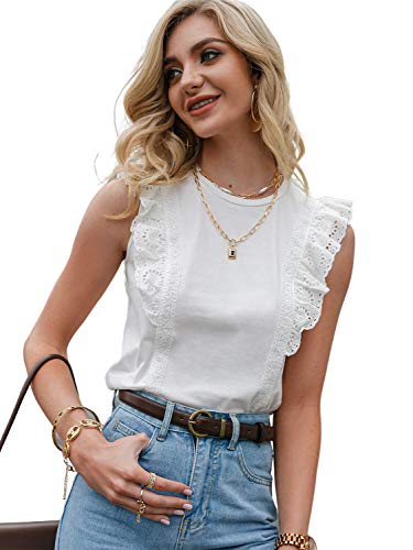 MulEtour Women s Casual Sleeveless Eyelet Ruffle Tank Top Round Neck Solid Summer Top Shirts(White, L)