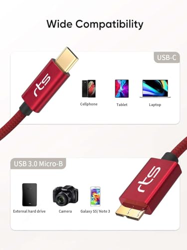 Image of rts Micro B to Type C Hard Drive Cable (50CM) USB C to Micro B Cord 10Gbps USB C to External Hard Disk Drive HDD cable Compatible for Seagate WD Hitachi Westgate, MacBook Air M2 Pro, iPhone 15
