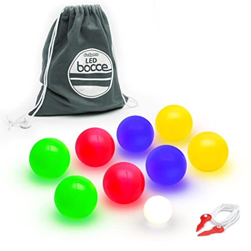 GoSports 85 mm LED Bocce Ball Game Set - Includes 8 Light Up Bocce Balls (8.5oz Each), Pallino, Case and Measuring Rope by GoSports - Used condition - US$42.52