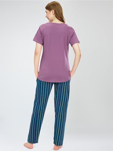 Image of ZEYO Night Suit for Women's Stripe Printed Cotton Night Dress of Top and Pajama Set 5769