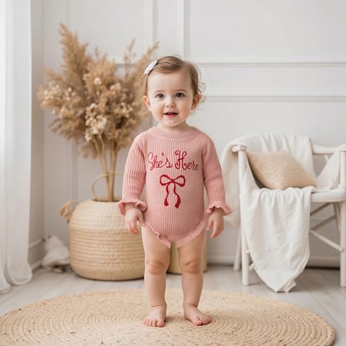 Baby Girl Fall Outfit Newborn Romper Knit Sweater She's Here Embroidery Long Sleeve Ruffle Bodysuit Sweatshirt 0-12M4