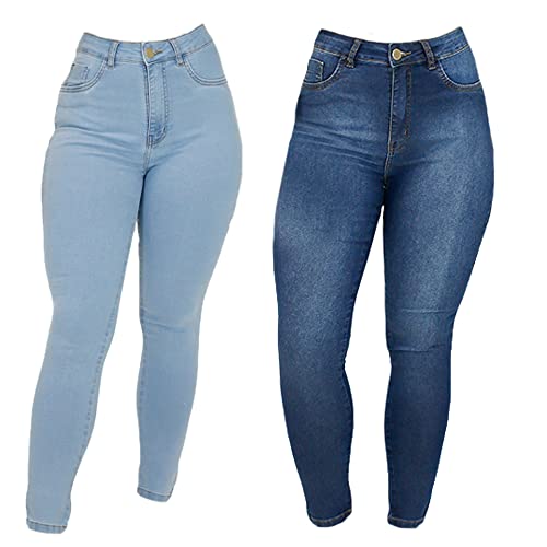 Kit 2 Calças Jeans Feminina Imporium Skinny Cintura Alta Cós Alto 007 Cor:Azul;Tamanho:38