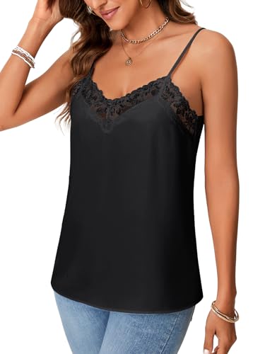 Image of Vrtige Women's Satin Tank Summer Top Adjustable Spaghetti Lace Trim V Neck Strap Camisole
