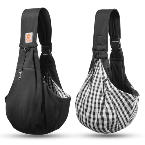 Image of Tomkas Small Dog Cat Sling Carrier Puppy Purse Travel Wrap Soft Crossbody Pet Bag (Black, M - Classic Pocket & Classic Strap 1)