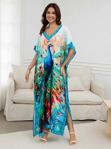 Image of IMAGEKOPE Women's Plus Size Loose Fit Moroccan Print V-Neck Batwing Kaftan Beach Dress Bathing Suit Cover Up