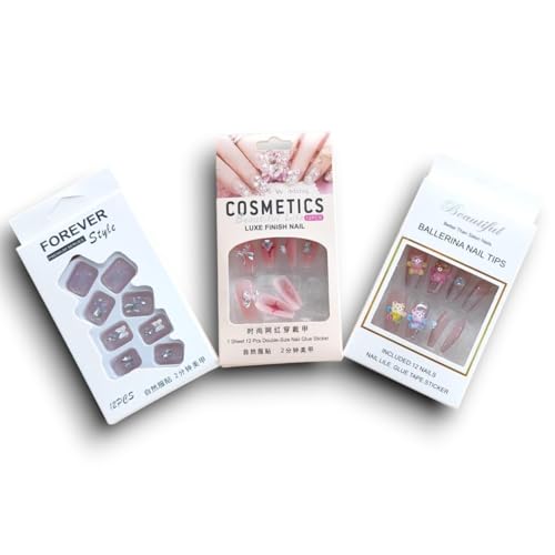 36 Pcs Artificial Press On Nails Set (3 Box Combo) with Glue Stickers – Stylish Acrylic Fake Nail Tips for Women & Girls | Easy to Apply, Semi-Reusable with Replacement Glue | Perfect for Party, Wedding & Daily Use (Designs, 28-29-30)