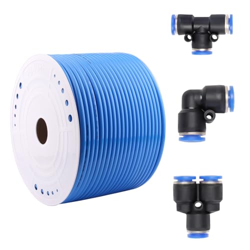 DERPIPE Polyurethane PU Tubing 12mm OD x 8mm ID Pneumatic Hose Blue Polyurethane PU Tubing Air Compressor Pipe 100 Meter (328ft) With Elbow 17 pcs + Spliters 25 pcs + Tee 60 pcs