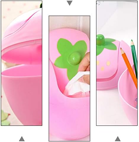 Cabilock Cute Strawberry Desk Trash Can Small Plastic Storage Baskets Counter Top Garbage Can Kawaii Trash Bin Pen Holder Desk Organizer with Swing Lid for Home Car Pink