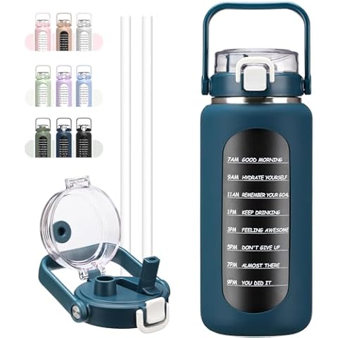BLUEGO 64oz Insulated Water Bottle with Straw and Handle Leakproof Half Gallon Wide Mouth Motivational Water Bottle, 2-IN-1 Straw Spout Lid Stainless Steel Water Jug for Sport Travel Gym-Dark Blue Cover