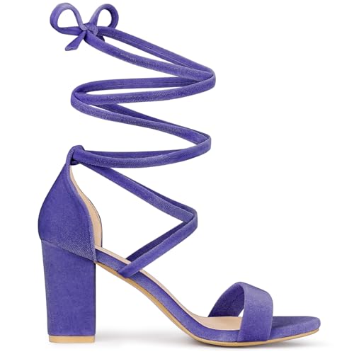Allegra K Allegra K Women's Faux Velvet Lace Up Chunky Purple Heel Strappy Sandals 6.5 M US