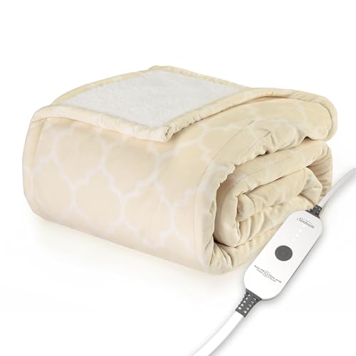 Image of Sunbeam Royal Mink Sherpa Champagne Lattice Heated Personal Throw / Blanket, Cozy-Warm, Adjustable Heat Settings