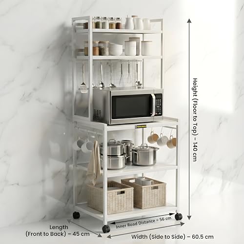 Image of Heavy-Duty 5-Tier Microwave Oven Stand with Wheels | Metal Kitchen Appliance Rack with Hooks & Storage Shelves | Air Fryer, OTG, Oven Organizer Trolley (MS 5 White)