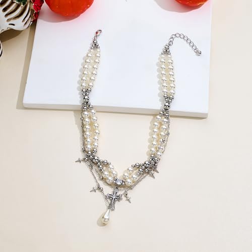 WOWORAMA Gothic Pearl Cross Necklace for Women Layered Pearl Strand Necklaces Vintage Punk Goth Cross Pearls Choker Necklaces Halloween Christmas Gothic Jewelry
