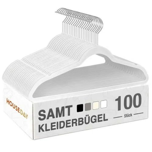 HOUSE DAY Kleiderbügel Samt 100er Set Kleiderbügel Platzsparend Bügel rutschfest und Samtbügel Schmal mit 360 Drehbarer Haken für Hemden Anzüge Mäntel Pullover Hosen Weiß