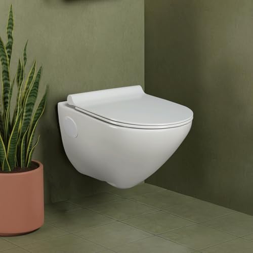 Image of Hindware Italian Collection Elegance Aura Commode for Bathroom | P-225 Trap | Made of Ceramic | 12-year Manufacturer Warranty | Rimless Design | Duroplast /UF Seat Cover | Soft Close | Wall Mount