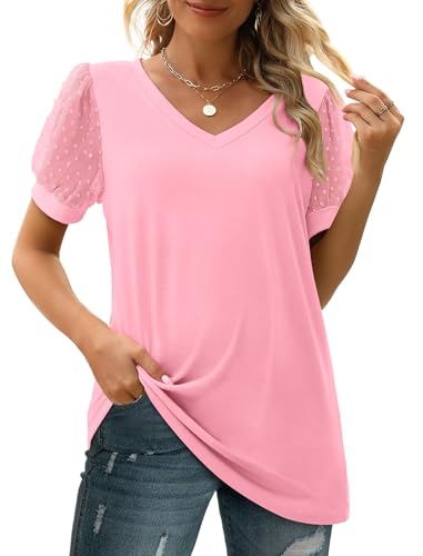 Image of Aokosor Womens Summer Tops V Neck T Shirts Swiss Dot Puff Sleeve Tops Loose Casual Tshirts
