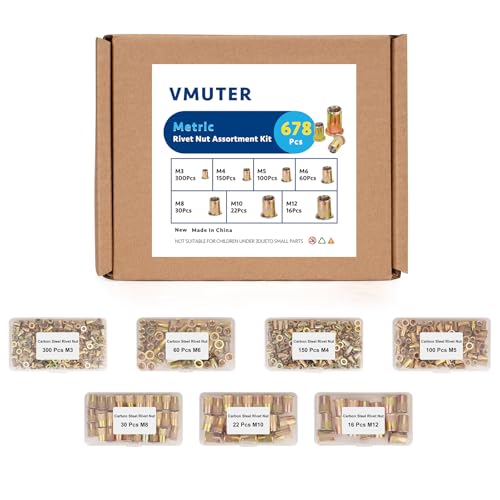 Vmuter 678Pcs Metric Rivet Nuts Kits, Carbon Steel Flat Head Rivnut M3 M4 M5 M6 M8 M10 M12, Threaded Insert Nut, Knurled Body Nuts