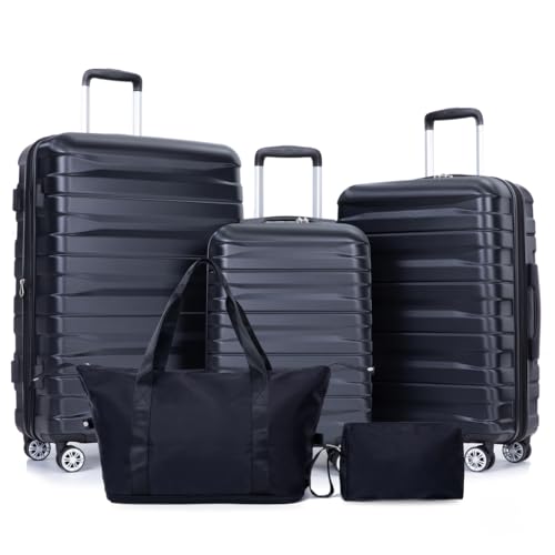 Expandable Hard PC Luggage Set of 5 Pieces, Lightweight Rolling Luggage with 360° Spinner Wheels, Black