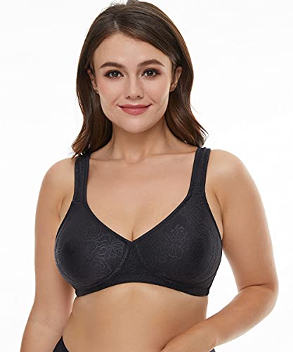 Image of Wingslove Women's Front Closure Minimizer Bra Full Coverage Wirefree Comfort Plus Size Racerback Jacquard Non Padded (Black,48DDD)