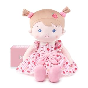 LeyaDoll Soft Baby Doll Toys (16”), My First Baby Rag Doll for 1 Year-Old Girl Birthday Gift, Christmas Plush Toys Gift for Toddler Kids Infants-Strawberry-Girl