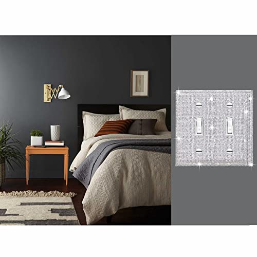 Image of 2 Pcs Shiny Silver Rhinestones Wall Plate Cover, Double Gang Toggle Outlet Covers, Bling Light Switch Cover