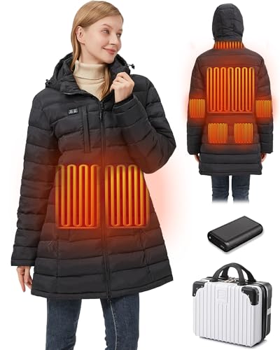 Hengriacly Graphene Heated Jacket for Women, Long Heated Coats for Women with Battery Pack 8 Heating Zones Detachable Hood