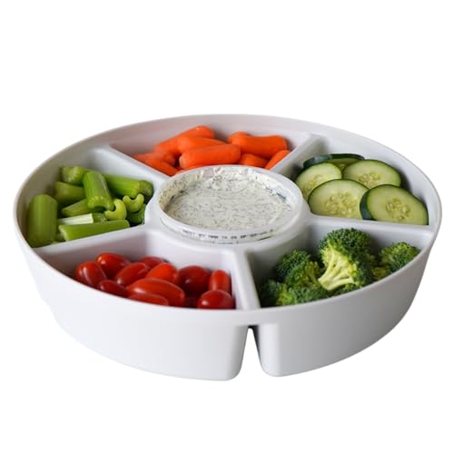 SwivelServe Heavy-Duty Divided Serving Tray with Leakproof Lid - 6 Divided Compartments to Serve & Store Food, Fruit Tray, Veggie Tray, Party Platters - Made In USA (White Tray/Clear Lid)