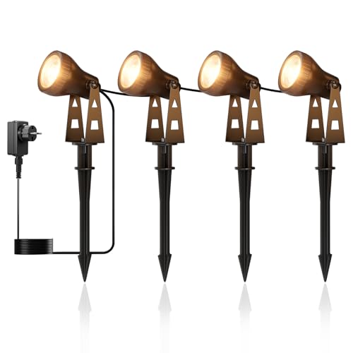 ZOTOYI Faretti da Giardino Alimentazione a Rete 14M, Impermeabile IP68 4-in-1 Angolo Regolabile, 400LM Luce Calda 3100K per Viali, Prati, Matrimoni, Zone Residenziali