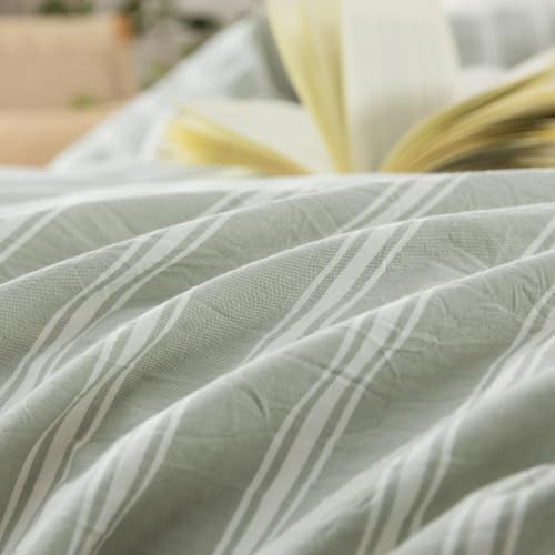 Image of BESTOUCH Striped Cotton Duvet Cover Set Linen Feel Twin | 100% Washed Cotton, Soft Wrinkle Texture, Hidden Zipper, 8 Ties, Breathable Lightweight Durable Comfy, 2 Pcs No Insert