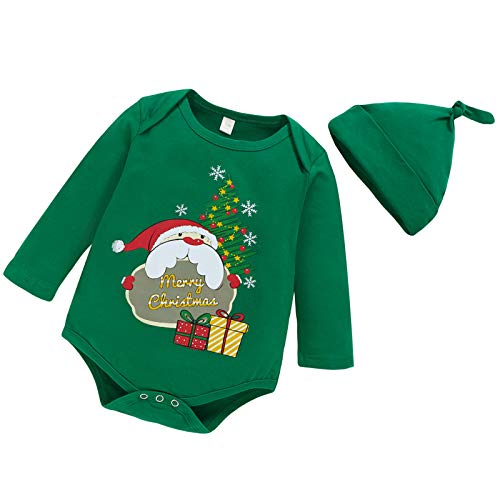 OhhGo Pasgeboren Baby Kerst Romper Baby Lange Mouw Vrolijk Kerstfeest Jumpsuit Overall met Hoed Groen Korte Romper voor Meisjes Jongens (Verschillende Maten) - Afbeelding 4