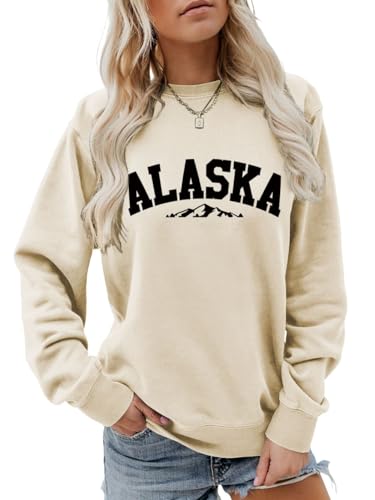 Generic Alaska Sweatshirt Retro Mountain Graphic Shirt Vintage Alaska Sweater Women Casual Crewneck Long Sleeve Pullover Tops Large