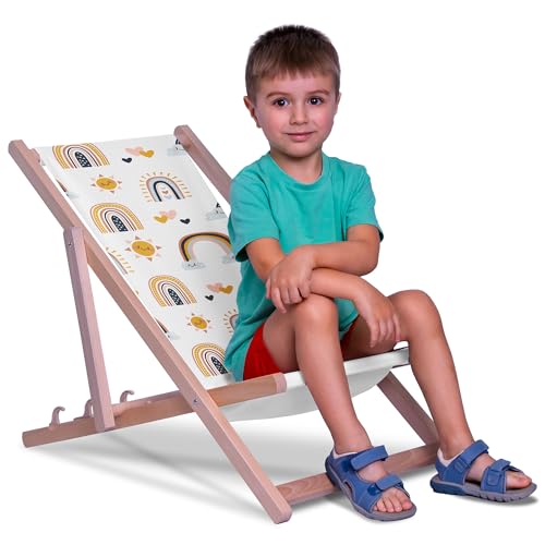 DreamRoots Chaise Longue Enfant en Bois de Hêtre, Chilienne Enfant Pliable, Transat Extérieur Jardin, Plage, Tissu Lavable Polyester 220 g/m², Charge Max...