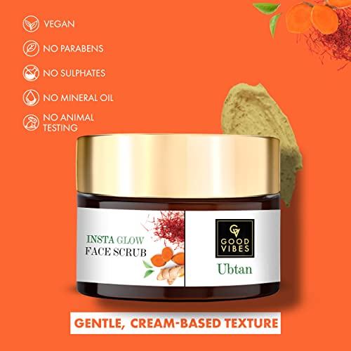 Image of Good Vibes Ubtan Insta Glow Face Scrub, 50 g | Brightening, Detoxifying & Nourishing Gentle Exfoliator For All Skin Types | With Turmeric, Saffron, Vitamin B3 | No Parabens, Sulphates & Mineral Oil