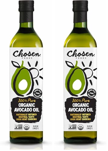 Image of Chosen Foods Organic Avocado Oil for Cooking, 33.8 Fl Oz - Naturally Refined Cooking Oil made from 100% Pure Avocados - Non-GMO, Gluten-Free, Keto Friendly, Glyphosate Free - 1 Liter (Pack Of 2)