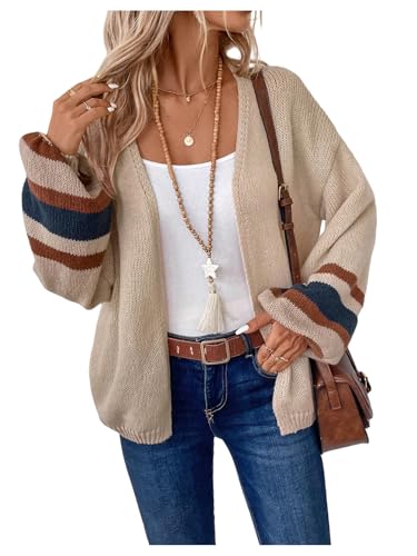 SOLY HUX Women's Open Front Knit Cardigan Sweater Striped Trim Long Sleeve Loose Outerwear Fall Clothes